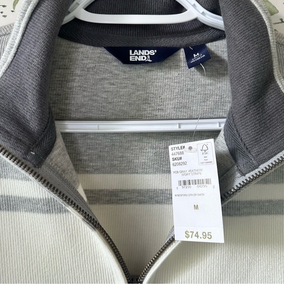 Lands’ End Bedford Rib 1/4 Zip. Medium. Gray/Ivory stripe. NWT. - Picture 5 of 9